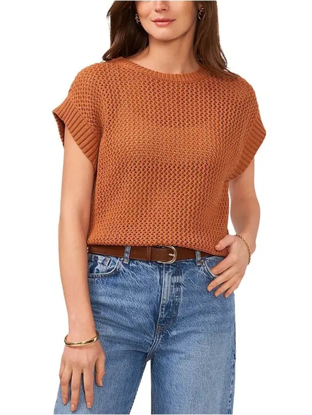 Vince Camuto Open-Knit Sleeveless Crew Sweater in Terracotta
